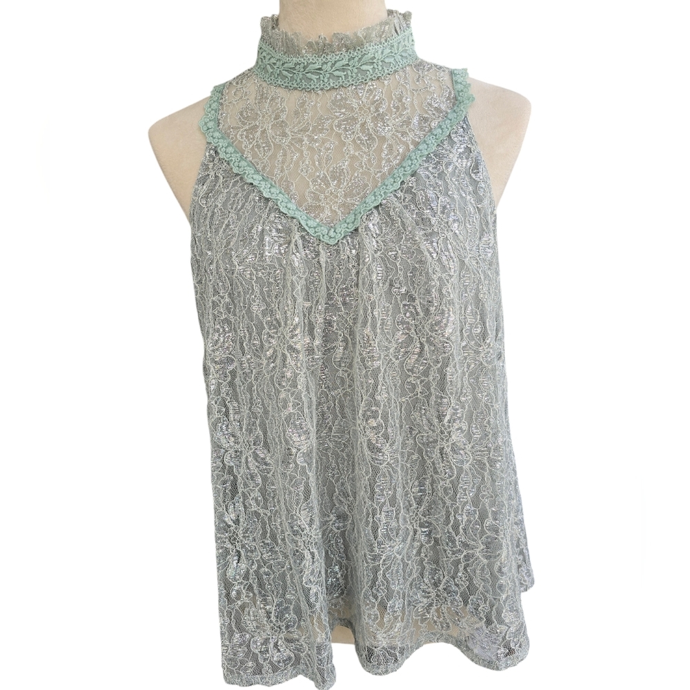 NWOT Wishlist Apparel Sage Green Lace Overlay Sparkle Blouse Size S